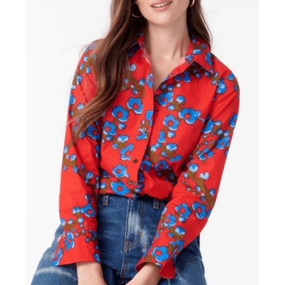 J Crew Collection Red Art Artsy Button Down Shirt Lattice Floral Size 2 4 6